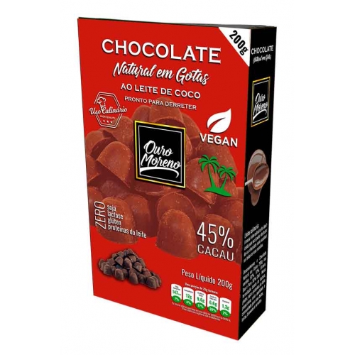 Chocolate em gotas 45% cacau ao leite de coco ouro moreno - 200g